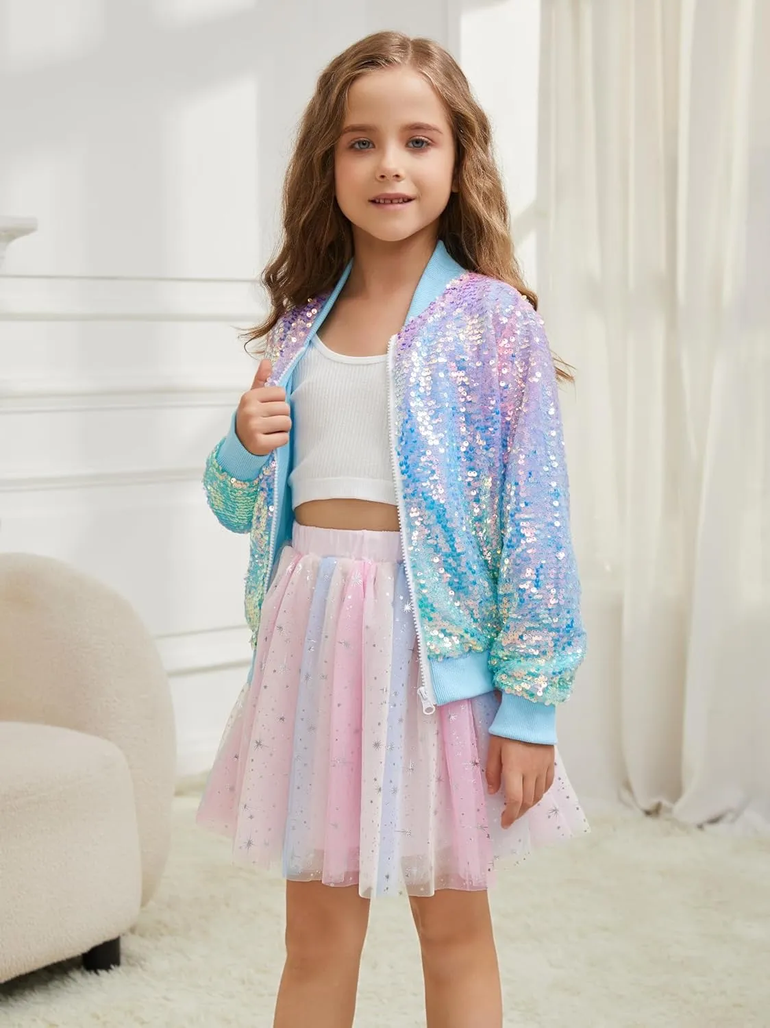 Girls Sequin Bomber Jacket Sparkly Bomber Outfit Long Sleeve Zipper Bright Colors 5-12T