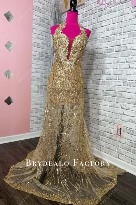 Gold Shimmer Halter Neck Mermaid Long Train Prom Dress