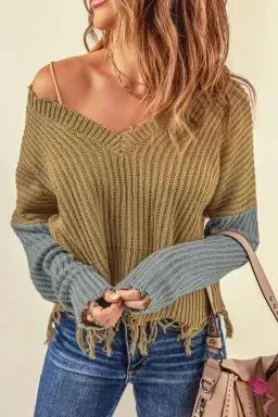 Gray Hollow-out Distressed Tassels Sweater