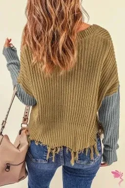 Gray Hollow-out Distressed Tassels Sweater