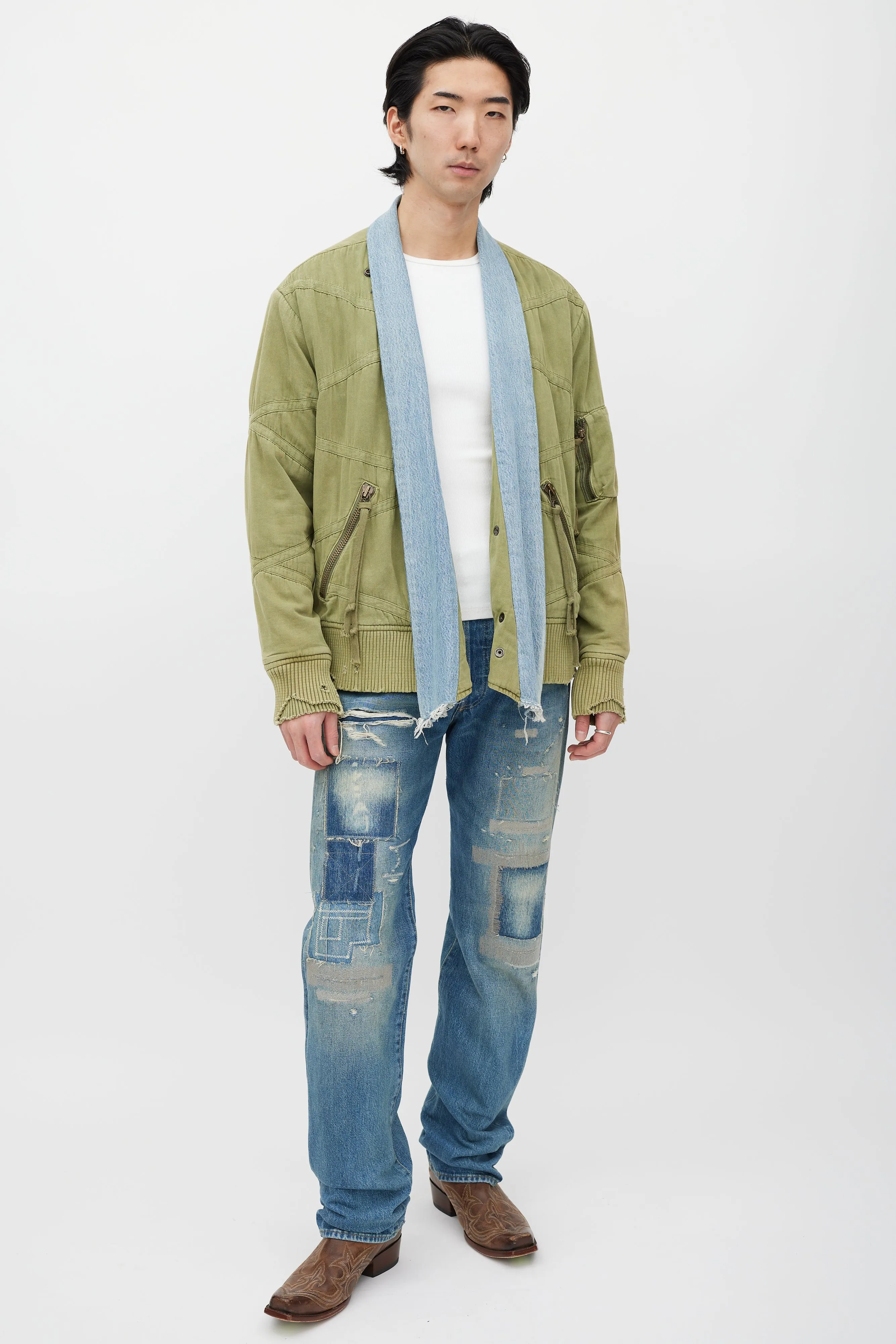 Green & Blue Distressed Bomber Jacket