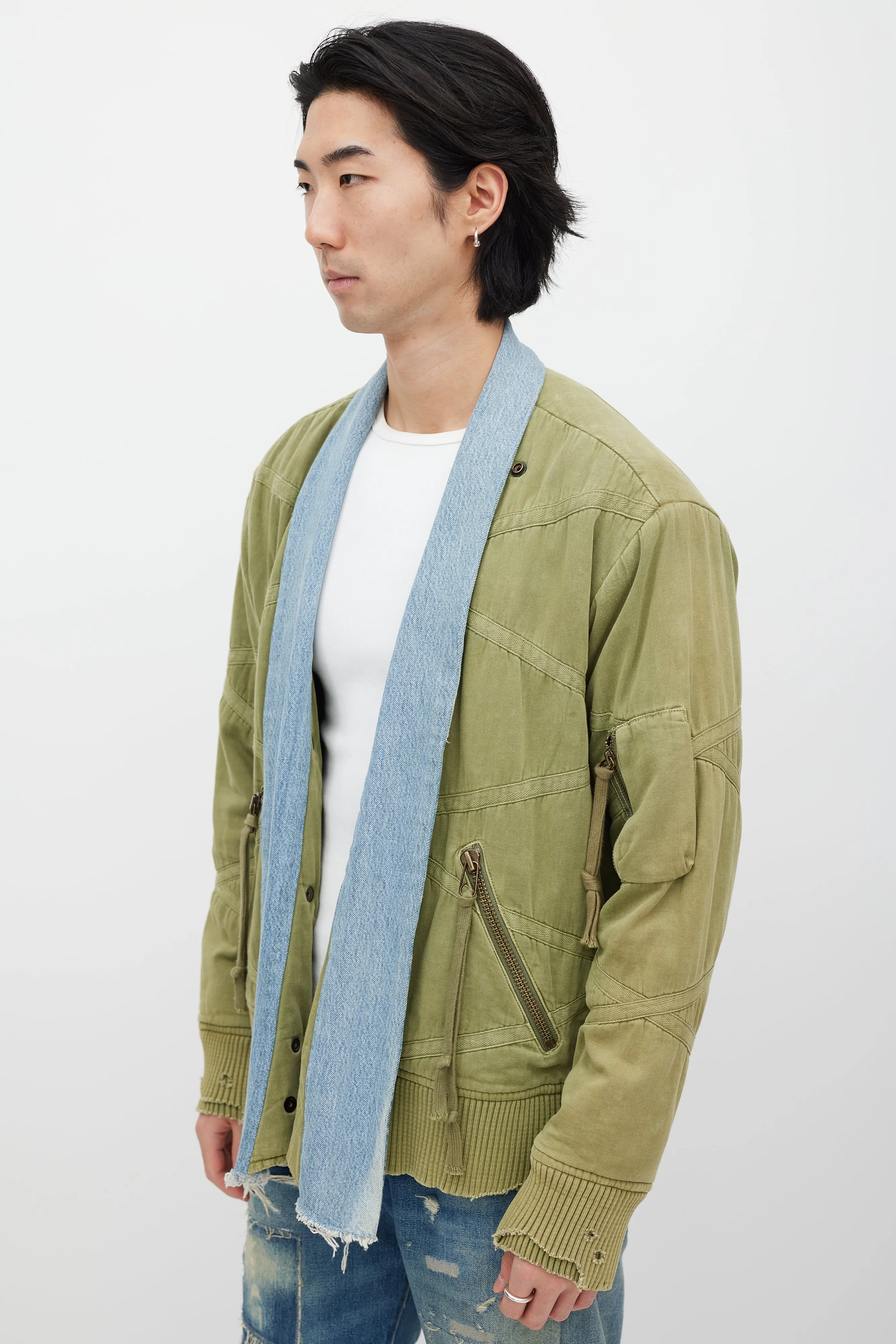 Green & Blue Distressed Bomber Jacket
