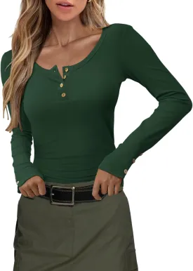HDLTE Women's Henley Shirts 2025 Long Sleeve Casual Fall Top Button Ribbed Knit Basic Blouses