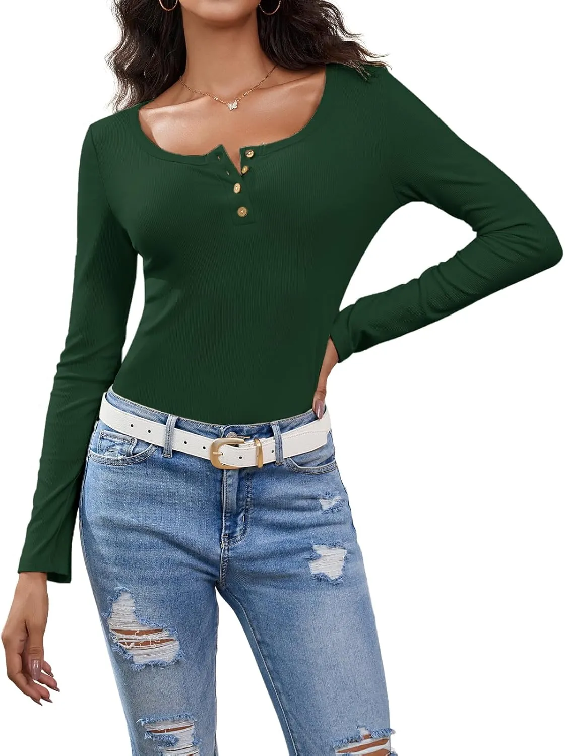 HDLTE Women's Henley Shirts 2025 Long Sleeve Casual Fall Top Button Ribbed Knit Basic Blouses