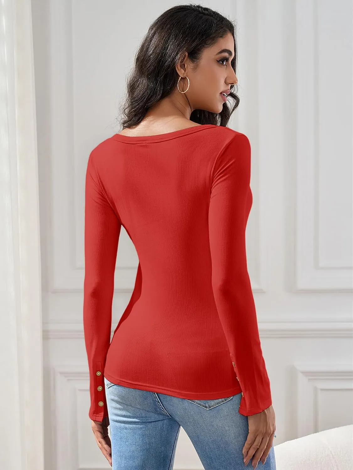 HDLTE Women's Henley Shirts 2025 Long Sleeve Casual Fall Top Button Ribbed Knit Basic Blouses