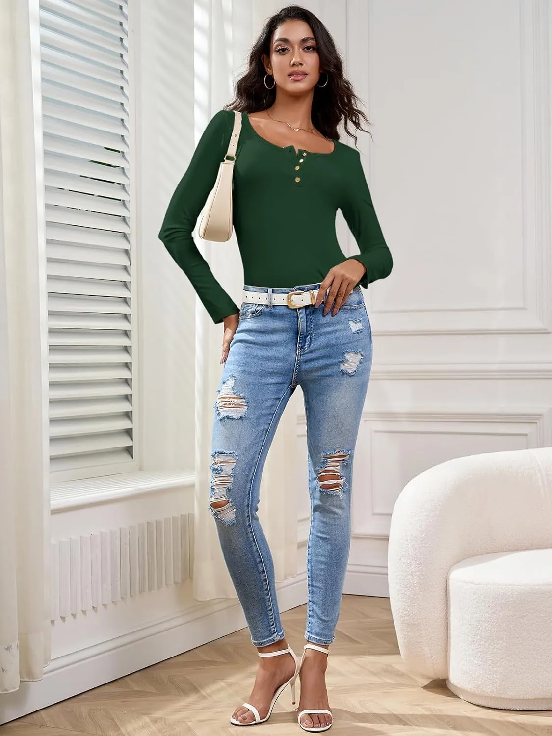 HDLTE Women's Henley Shirts 2025 Long Sleeve Casual Fall Top Button Ribbed Knit Basic Blouses