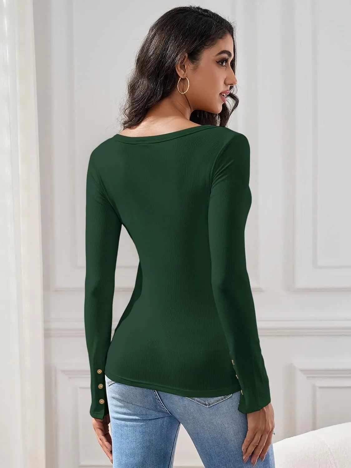 HDLTE Women's Henley Shirts 2025 Long Sleeve Casual Fall Top Button Ribbed Knit Basic Blouses