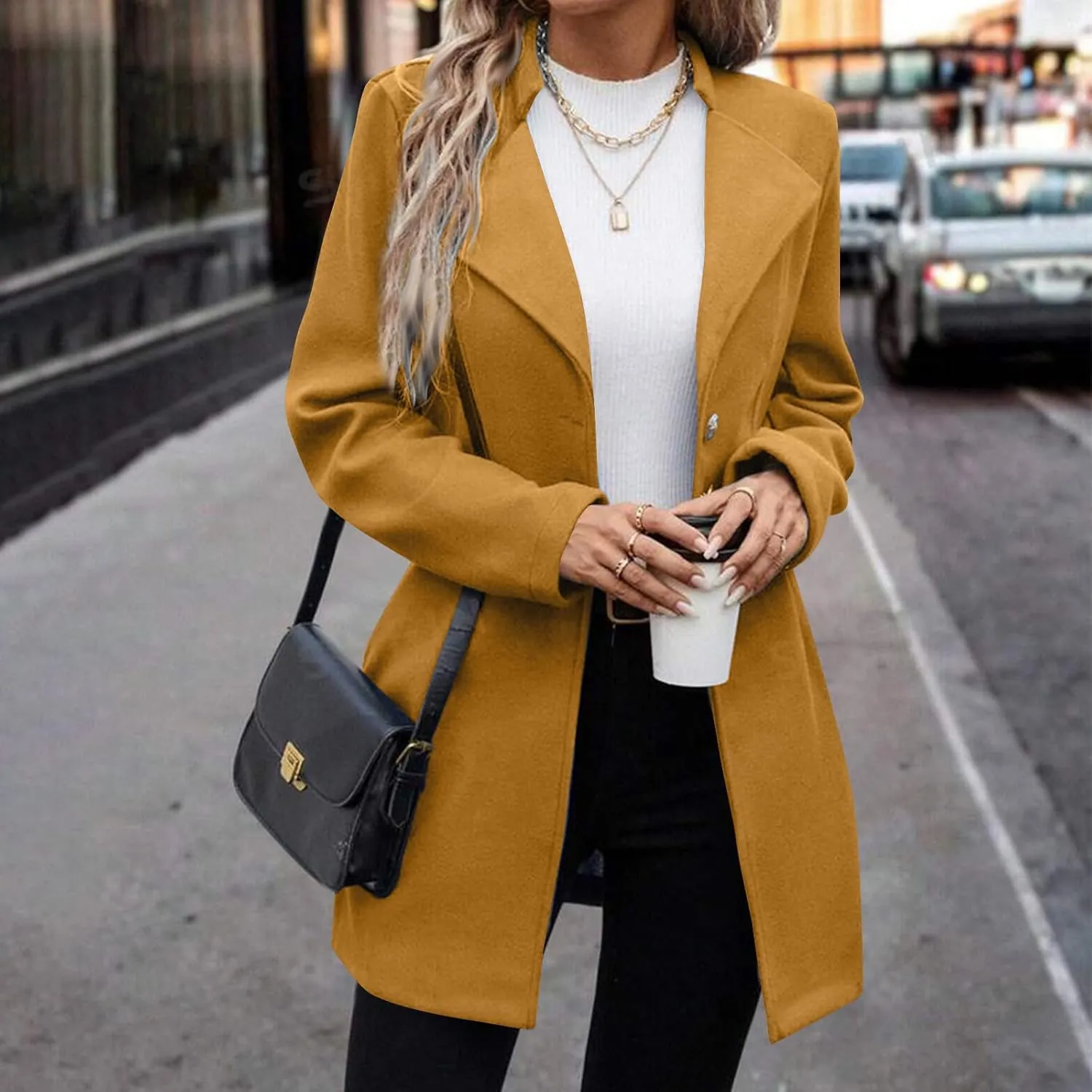 HGps8w Notch Lapel Trench Coat for Women Dressy Wool Blend Mid-Long Winter Pea Coat Plain Outerwear Jackets with Pockets