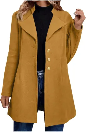 HGps8w Notch Lapel Trench Coat for Women Dressy Wool Blend Mid-Long Winter Pea Coat Plain Outerwear Jackets with Pockets