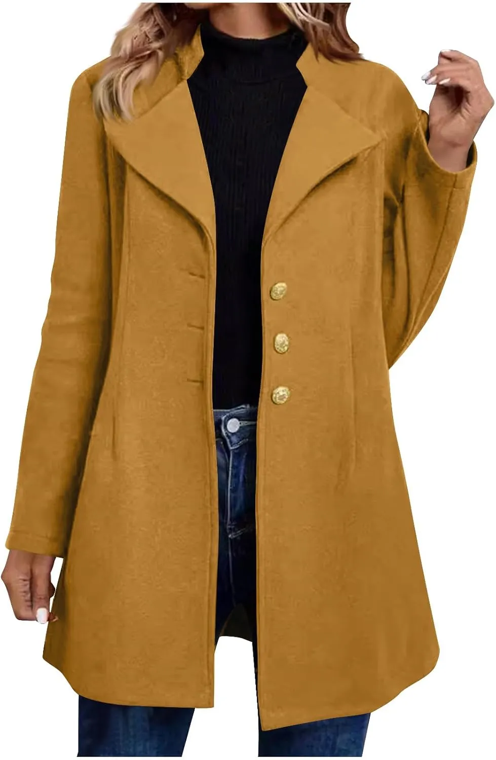 HGps8w Notch Lapel Trench Coat for Women Dressy Wool Blend Mid-Long Winter Pea Coat Plain Outerwear Jackets with Pockets