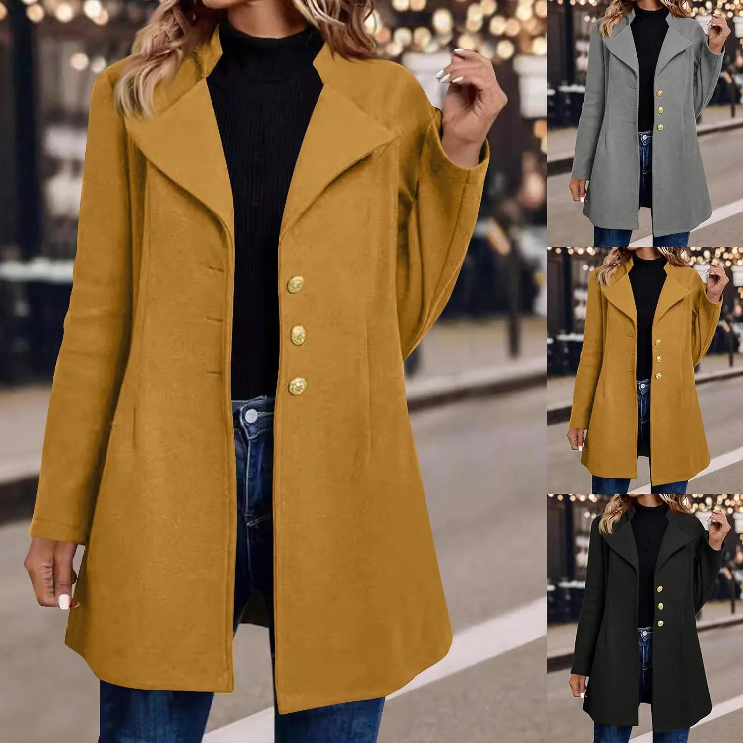 HGps8w Notch Lapel Trench Coat for Women Dressy Wool Blend Mid-Long Winter Pea Coat Plain Outerwear Jackets with Pockets