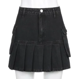 High Waist Jean Skirts Denim Pleated Skirts with Big Pockets Outfit