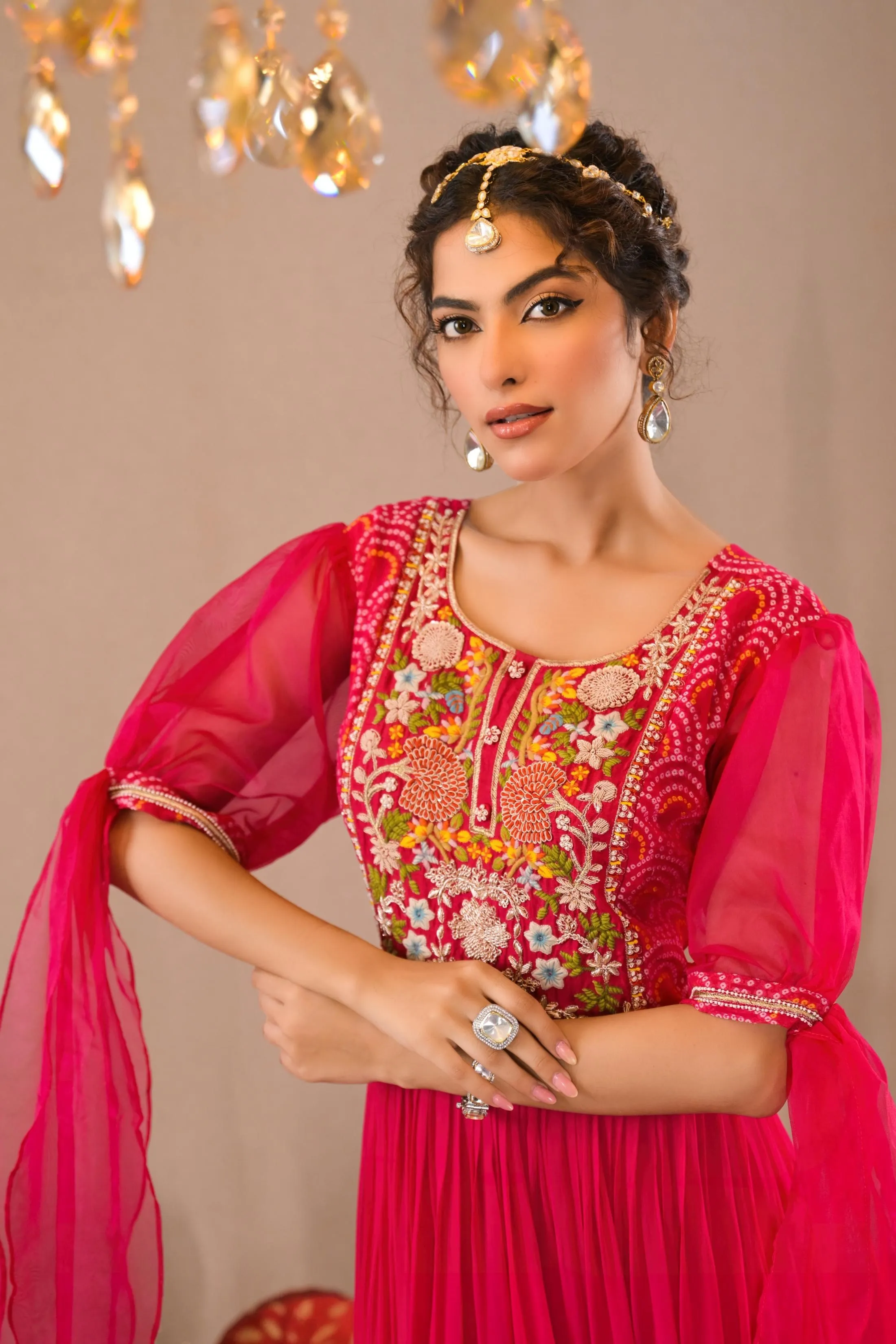 Hot Pink Bandhej Printed Georgette Silk Gown