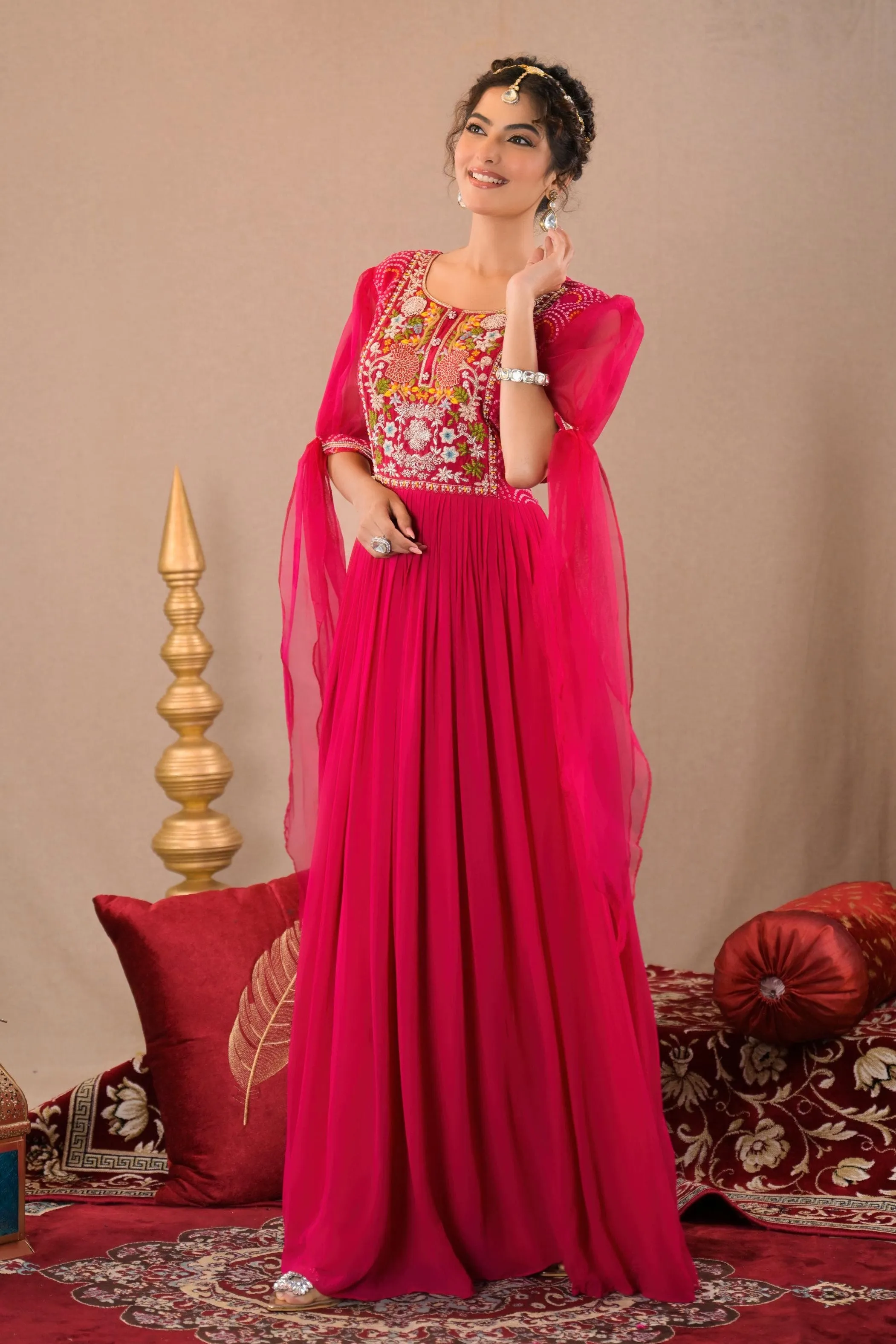 Hot Pink Bandhej Printed Georgette Silk Gown