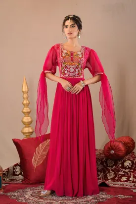 Hot Pink Bandhej Printed Georgette Silk Gown