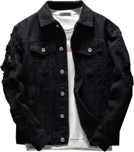 JEKE-DG Men's Ripped Distressed Biker Denim Jacket Casual Loose Fit Jean Jacket Fashion Long Sleeve Ourdoor Jean Coat