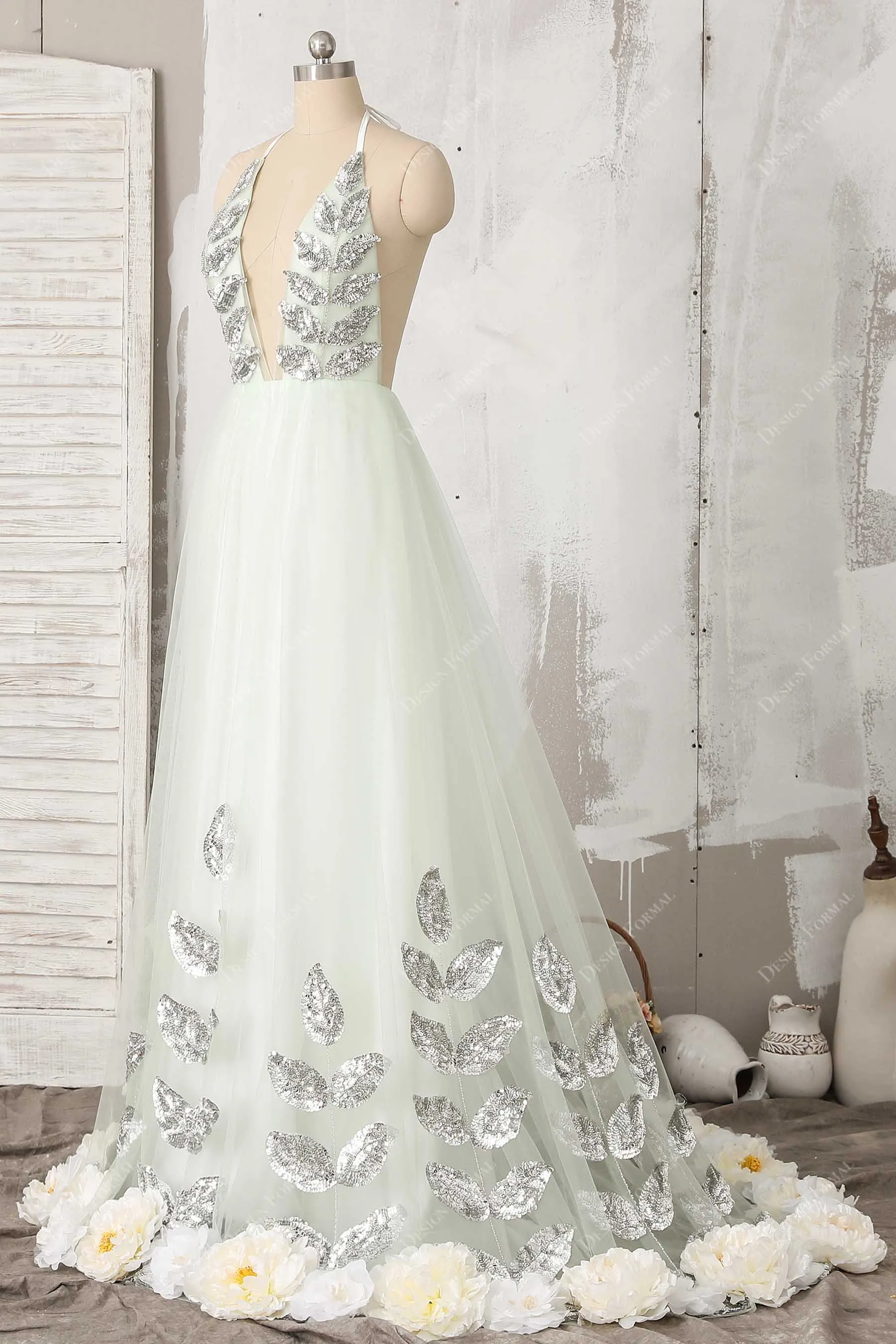 Light Green Tulle Halter plunging Fairy Flower sequin Leaf Prom Dress