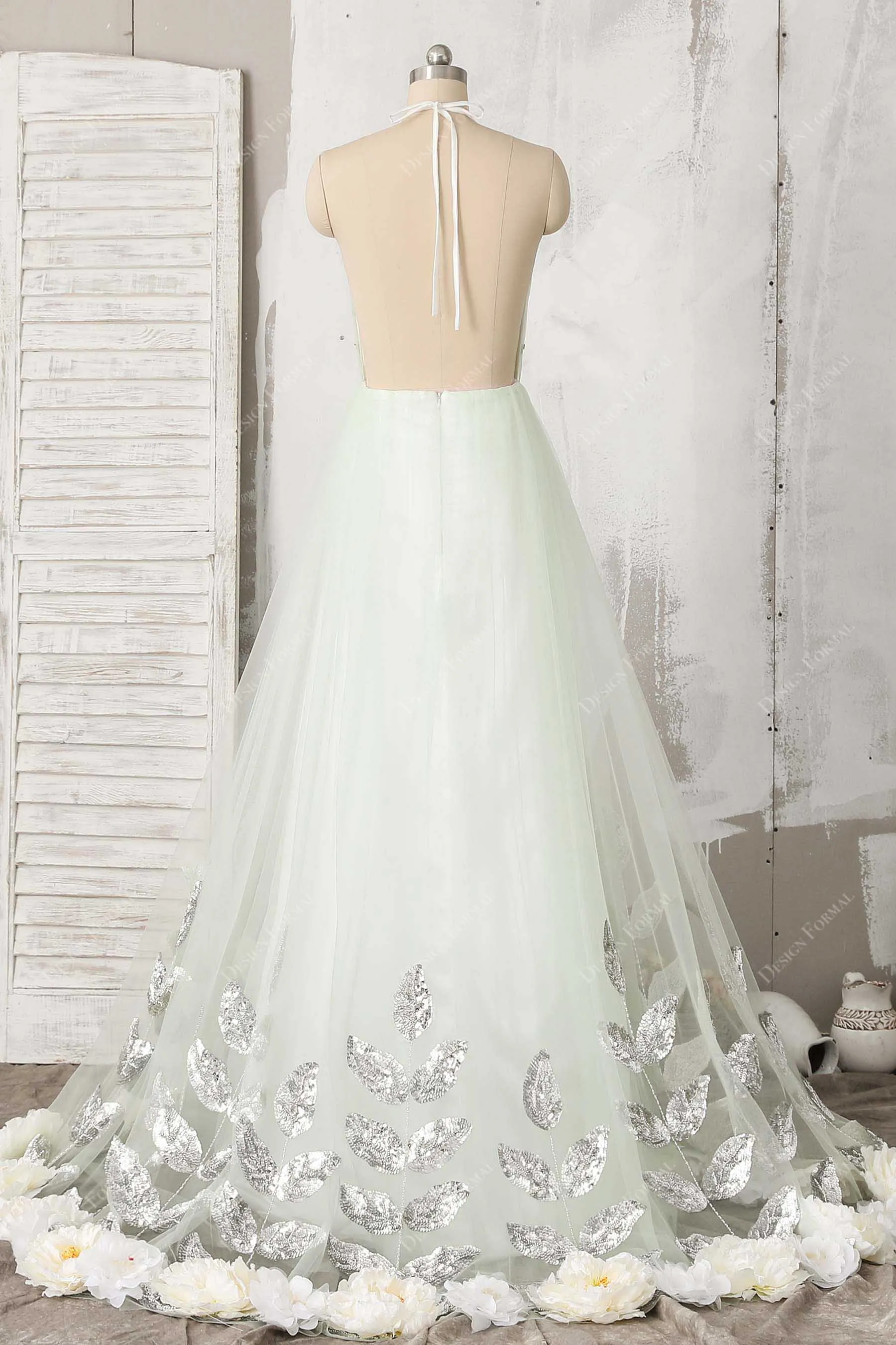 Light Green Tulle Halter plunging Fairy Flower sequin Leaf Prom Dress