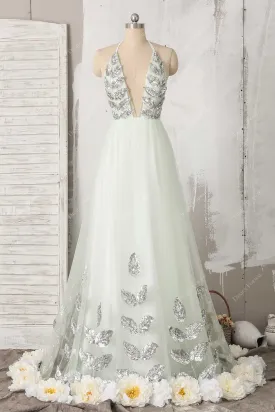 Light Green Tulle Halter plunging Fairy Flower sequin Leaf Prom Dress