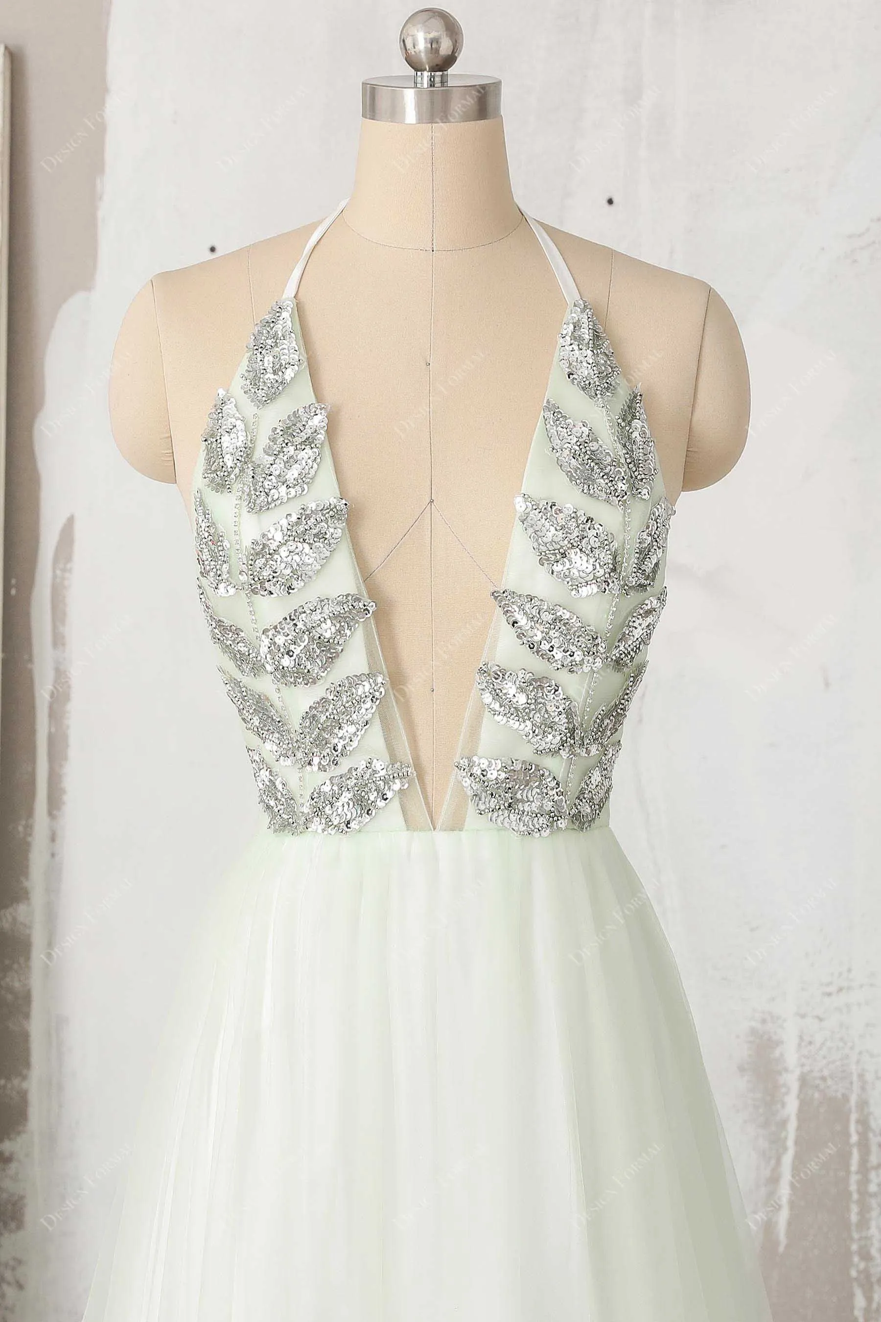 Light Green Tulle Halter plunging Fairy Flower sequin Leaf Prom Dress