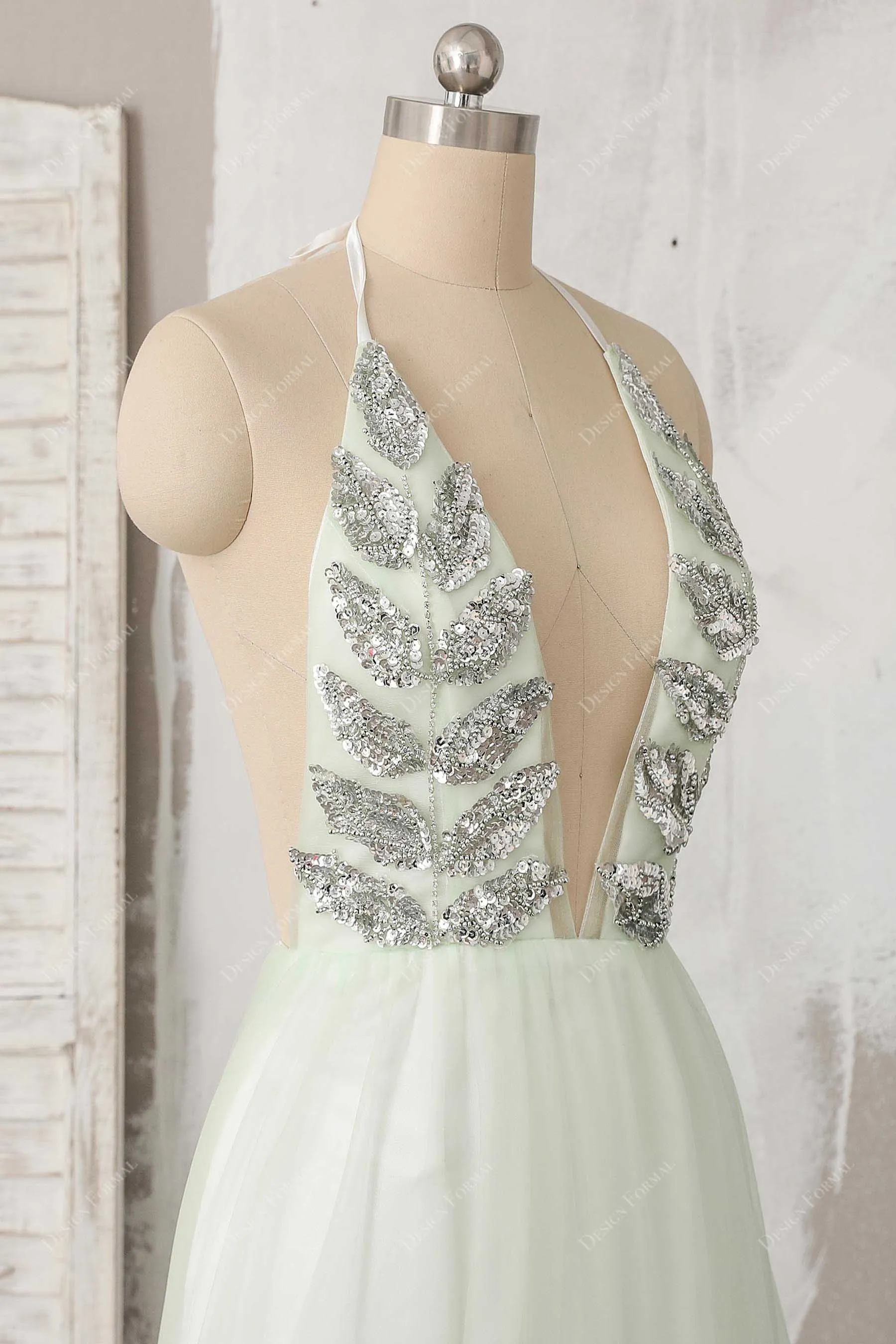 Light Green Tulle Halter plunging Fairy Flower sequin Leaf Prom Dress