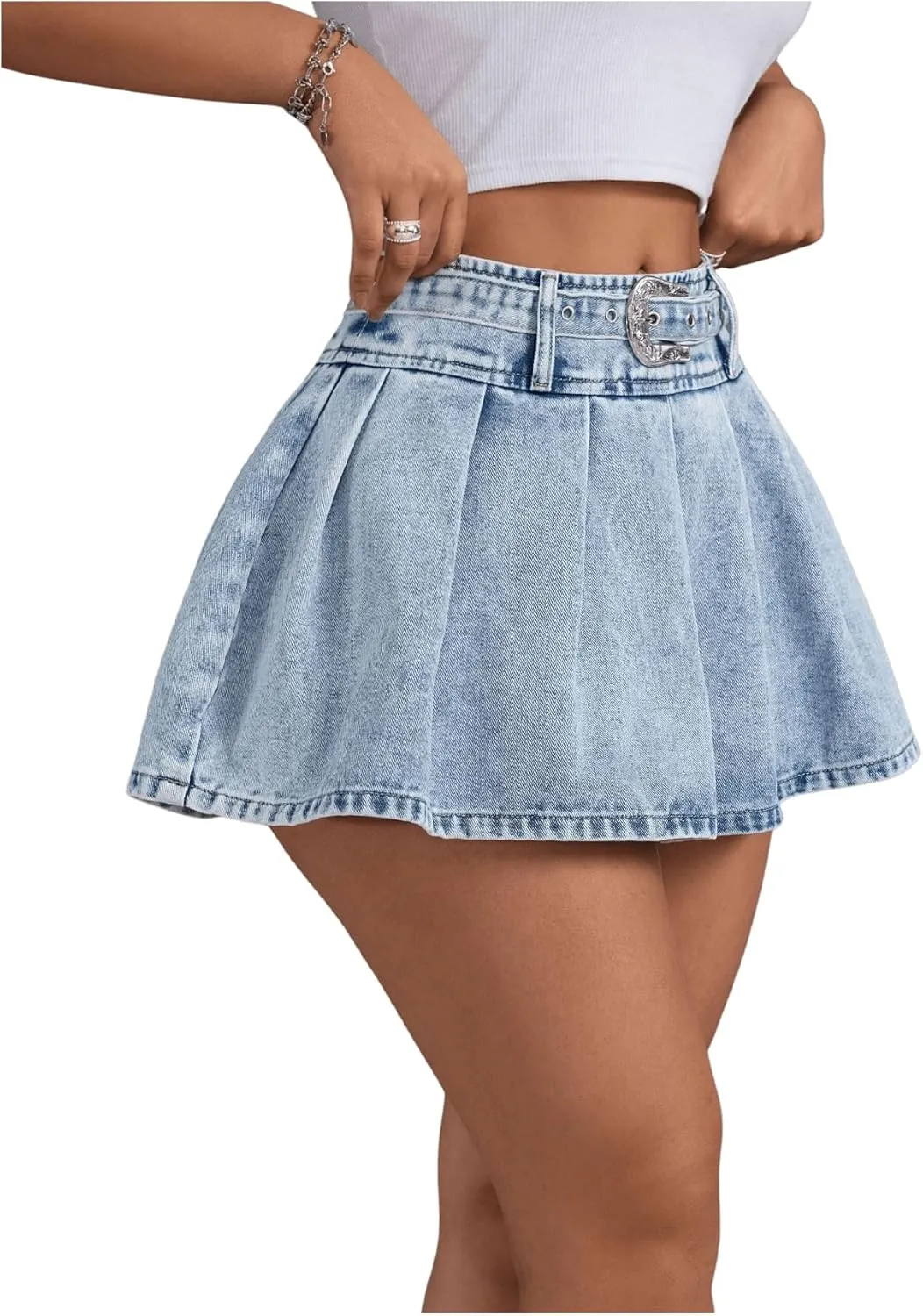 MakeMeChic Women's Low Waist Buckle Belted A Line Pleated Mini Jean Denim Skirt Skater Skirt
