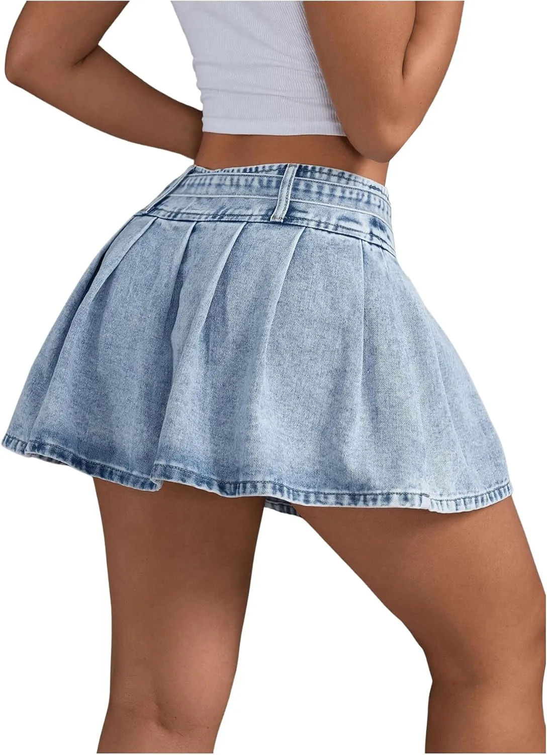 MakeMeChic Women's Low Waist Buckle Belted A Line Pleated Mini Jean Denim Skirt Skater Skirt