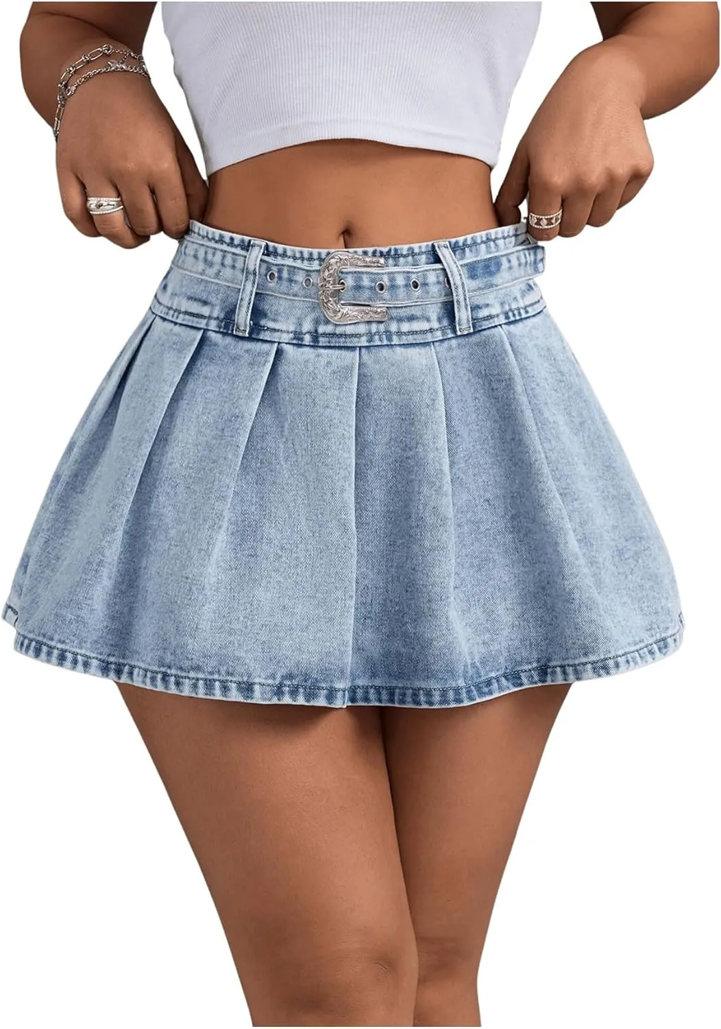 MakeMeChic Women's Low Waist Buckle Belted A Line Pleated Mini Jean Denim Skirt Skater Skirt