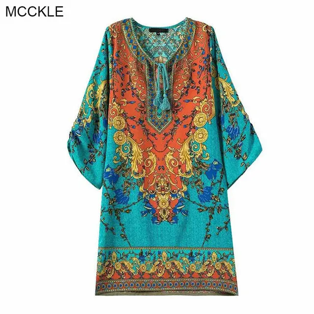 MCCKLE women summer dress 2017 vintage Boho print chiffon beach dresses Sexy V neck Half sleeve casual slim bohemian dress