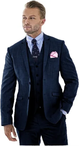 Men's 3 Pieces Linen Suit Slim Fit Summer Wedding Tuxedo Retro Grooms Prom Party Blazer Waistcoat Trousers Navy-L
