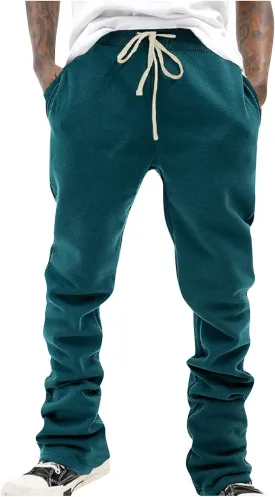 Mens Stacked Flared Joggers Open Front Drawstring Waist Sweatpants Casual Sport Athletic Pants with Pockets