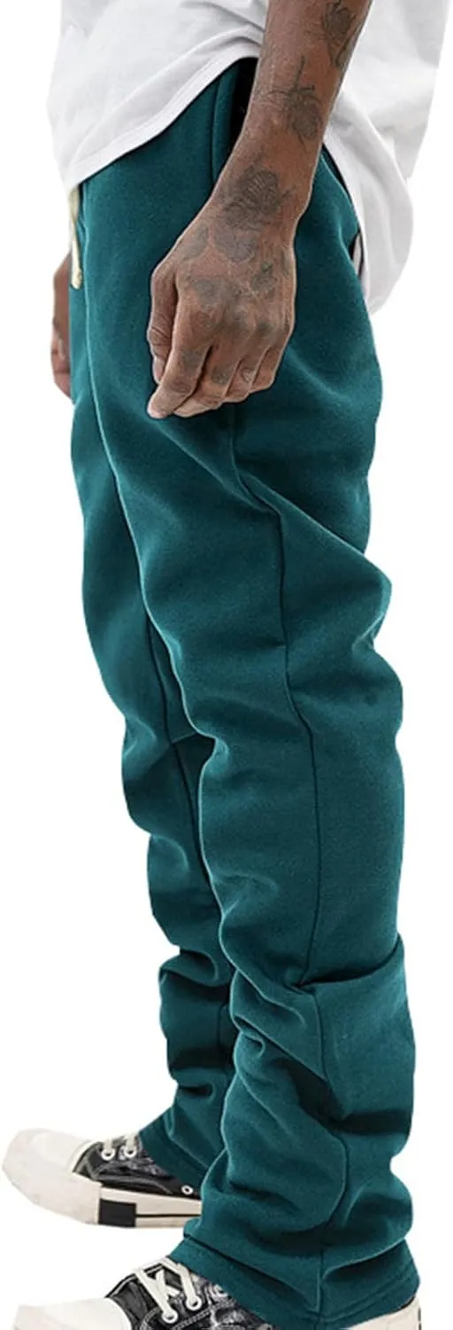 Mens Stacked Flared Joggers Open Front Drawstring Waist Sweatpants Casual Sport Athletic Pants with Pockets