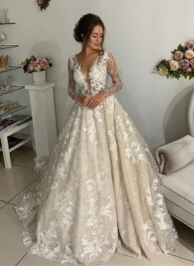 Modern Long Slevee Appliques Bridal Gowns | V-Neck Open Back Wedding Dresses