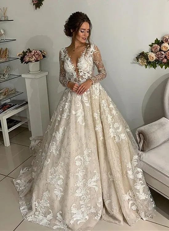Modern Long Slevee Appliques Bridal Gowns | V-Neck Open Back Wedding Dresses