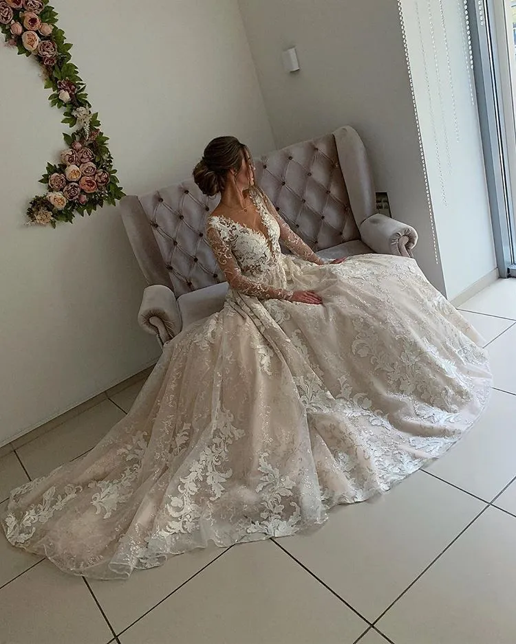Modern Long Slevee Appliques Bridal Gowns | V-Neck Open Back Wedding Dresses