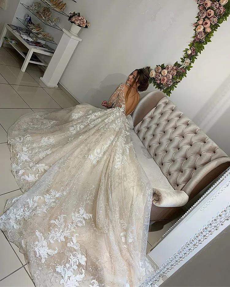 Modern Long Slevee Appliques Bridal Gowns | V-Neck Open Back Wedding Dresses