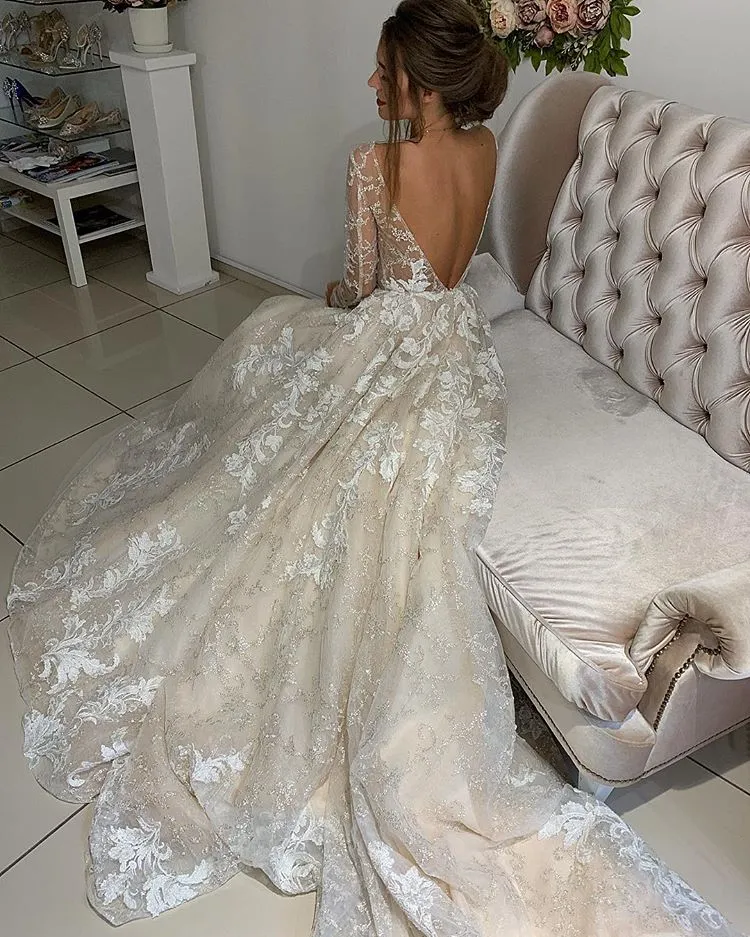 Modern Long Slevee Appliques Bridal Gowns | V-Neck Open Back Wedding Dresses