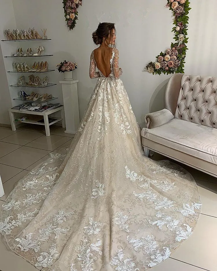 Modern Long Slevee Appliques Bridal Gowns | V-Neck Open Back Wedding Dresses