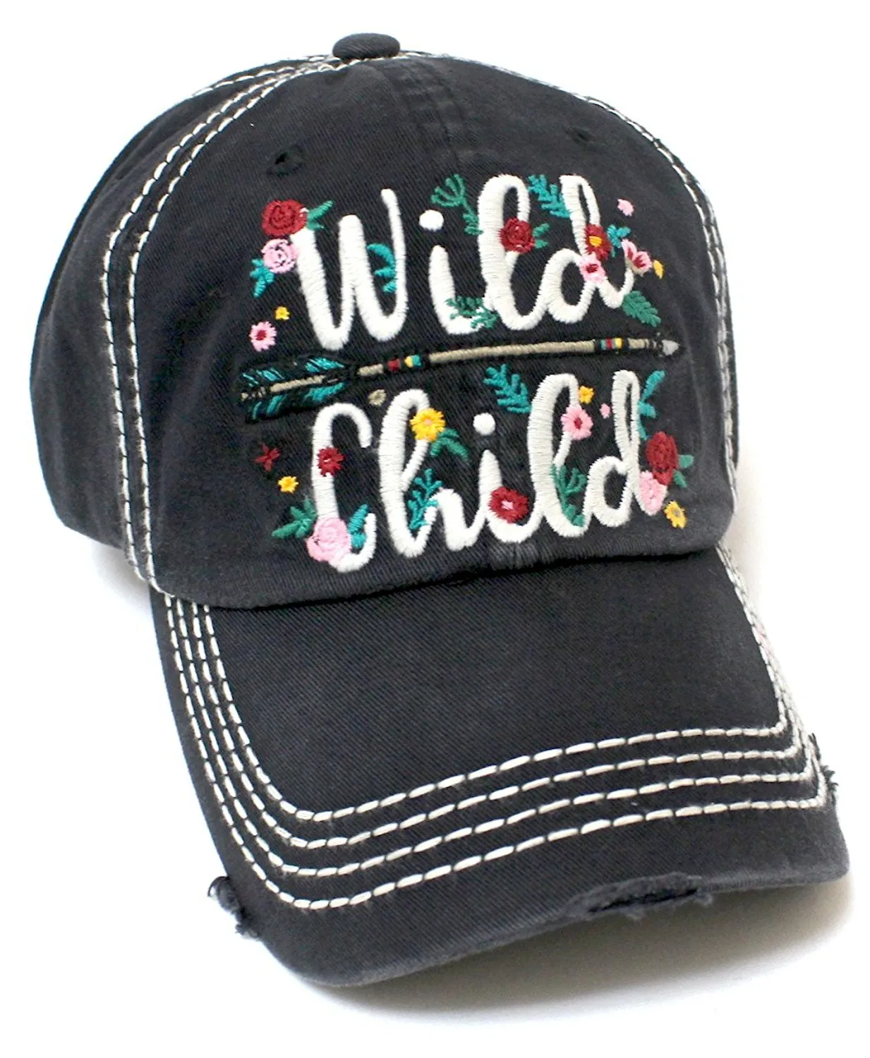 New!! Black Wild Child Floral Arrow Embroidery Cap