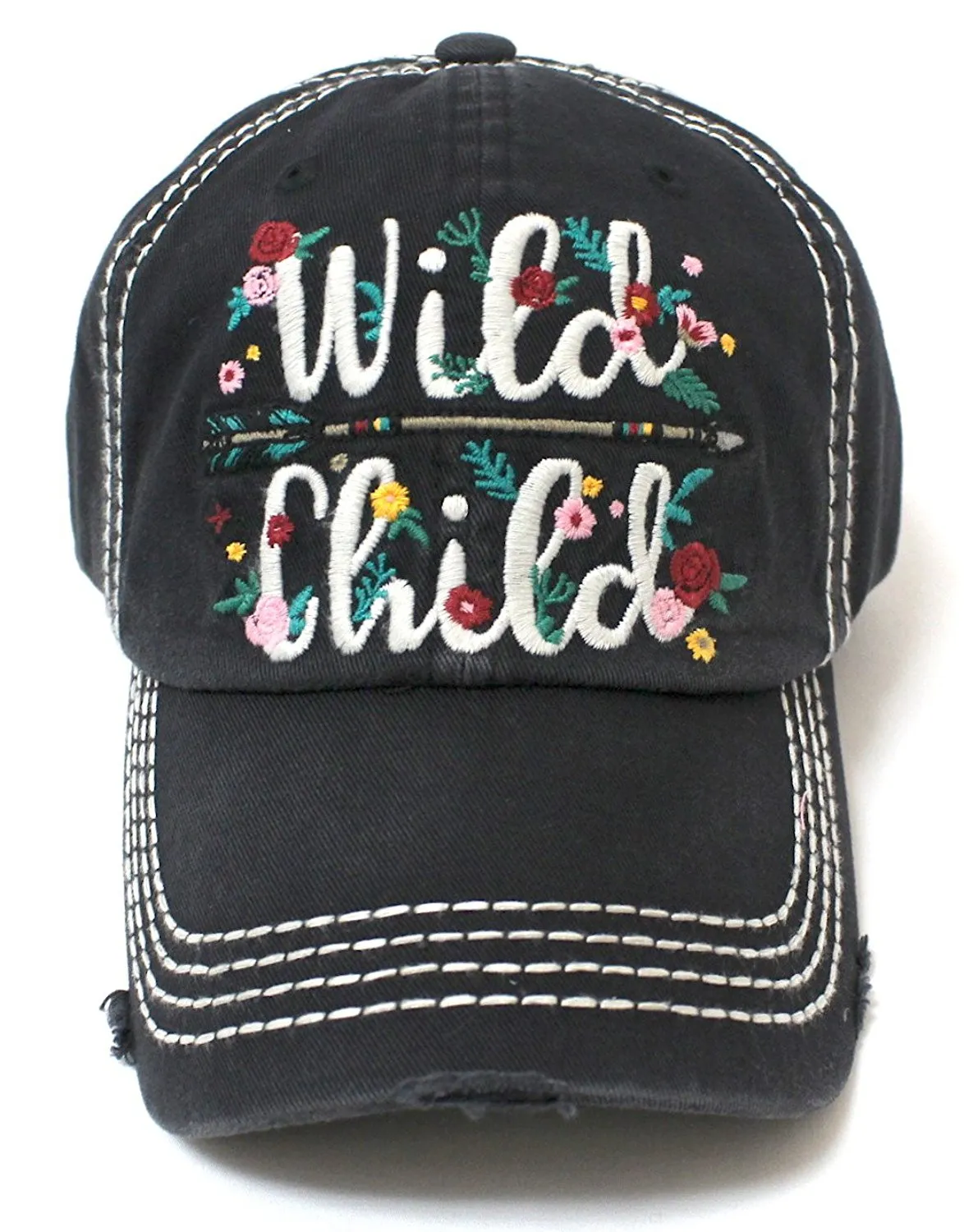 New!! Black Wild Child Floral Arrow Embroidery Cap