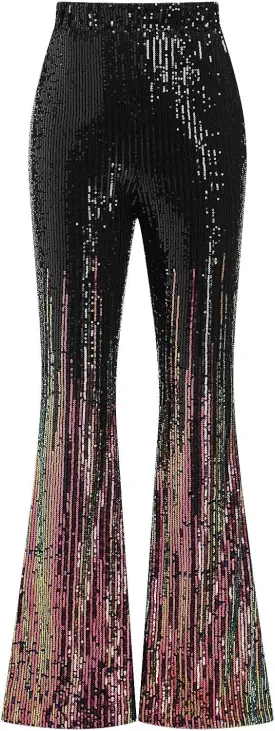 ODIZLI Womens Bell Bottom Sparkle Sequin Flare Pants Elastic High Waisted Bling Glitter Dance Pants