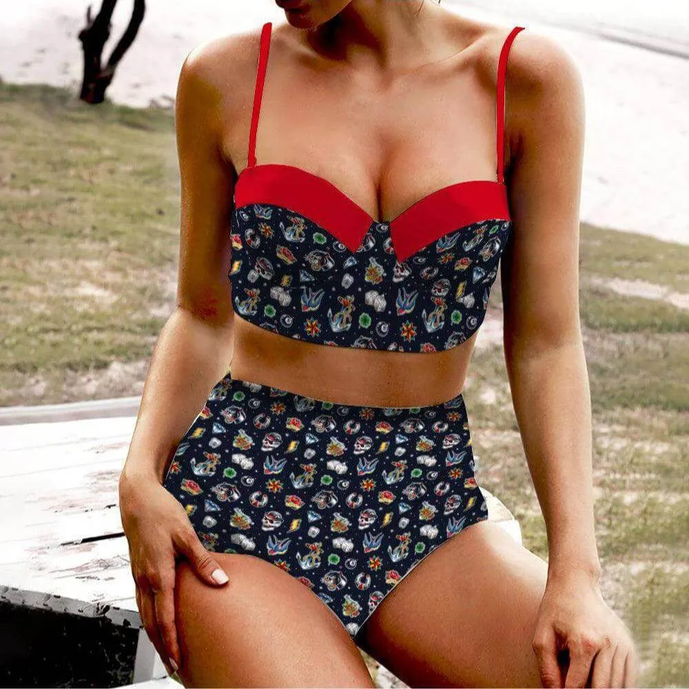 Old School Tattoo High Waist Retro Bikini