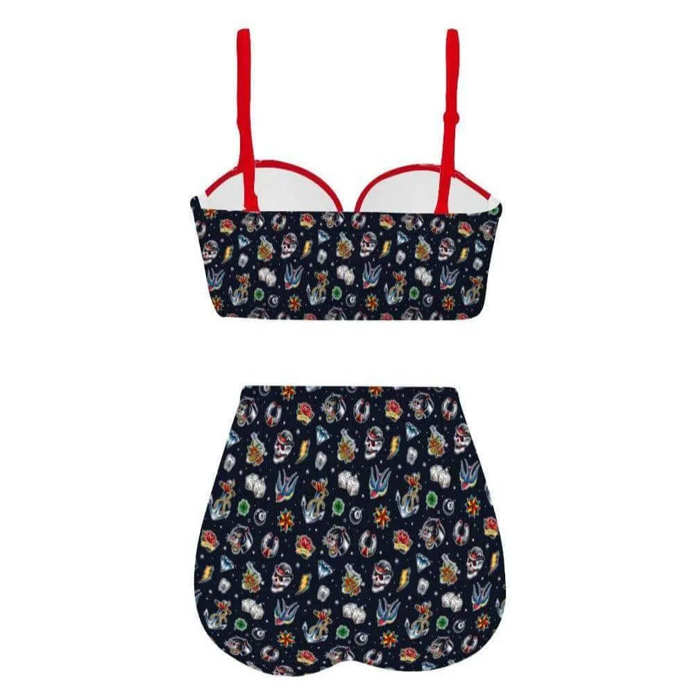 Old School Tattoo High Waist Retro Bikini
