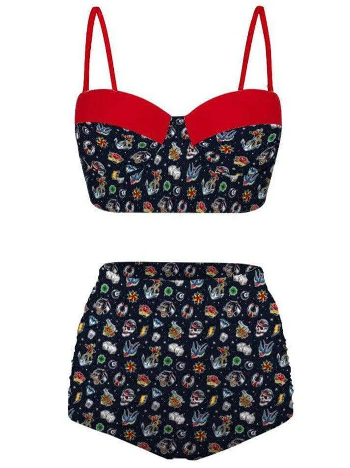 Old School Tattoo High Waist Retro Bikini