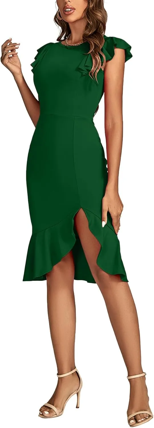 OPOIPIN Women's Flutter Sleeve Crewneck Ruffle Hem Mermaid Sleeveless Party Short Dress