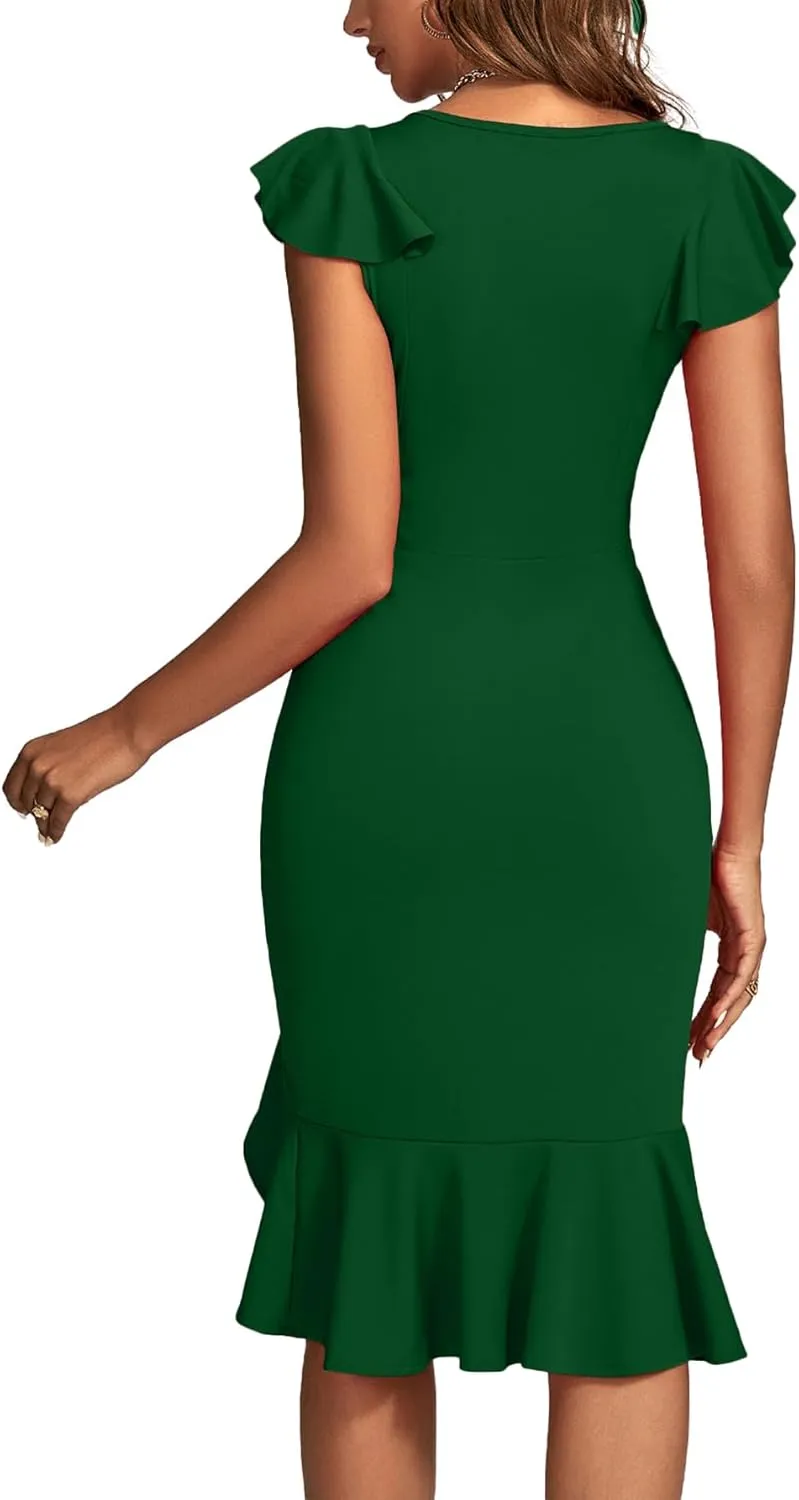 OPOIPIN Women's Flutter Sleeve Crewneck Ruffle Hem Mermaid Sleeveless Party Short Dress
