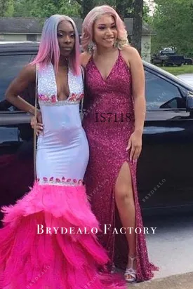 Orchid Sequin Halter Slit Floor Length Prom Dress