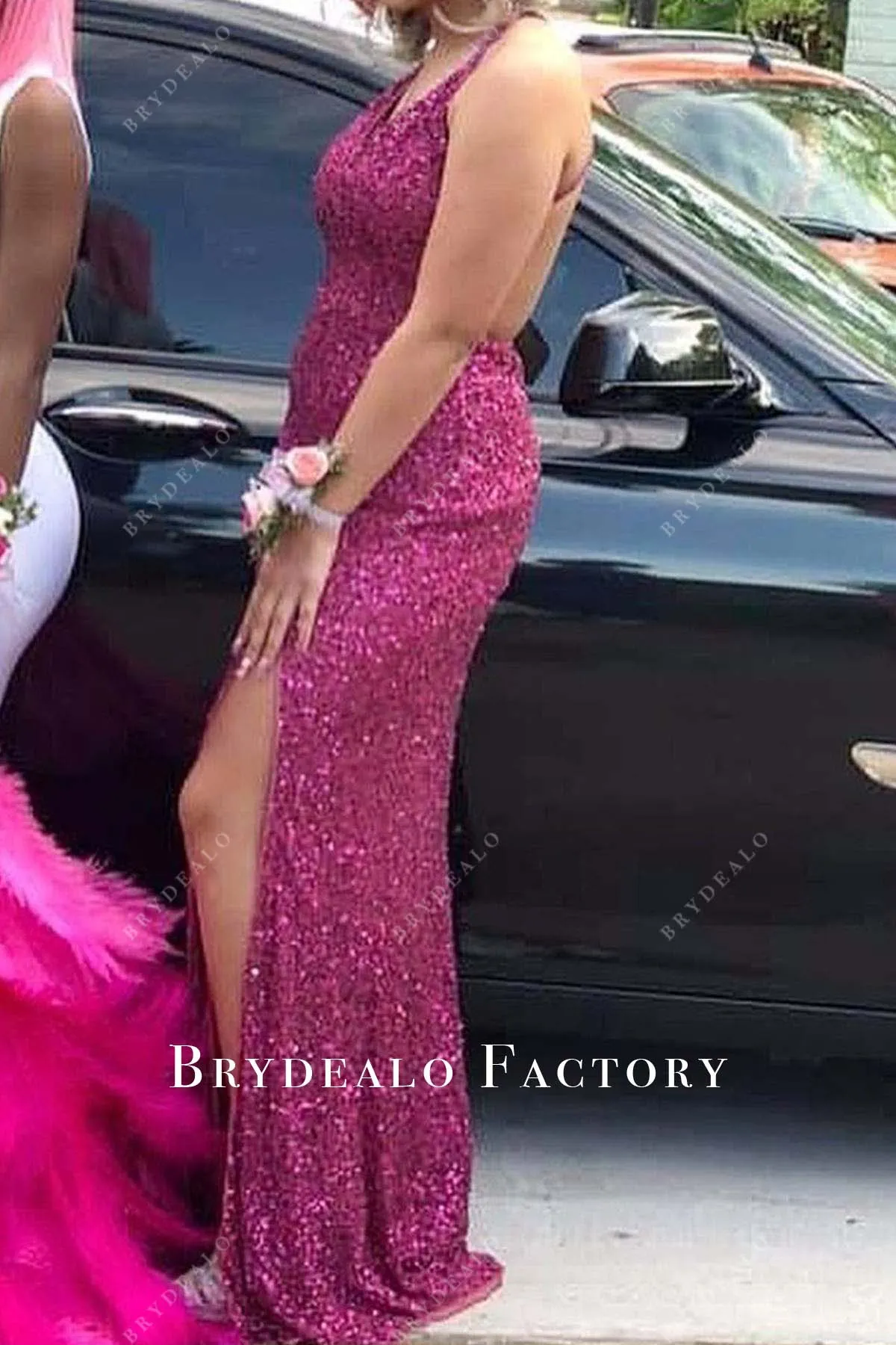 Orchid Sequin Halter Slit Floor Length Prom Dress