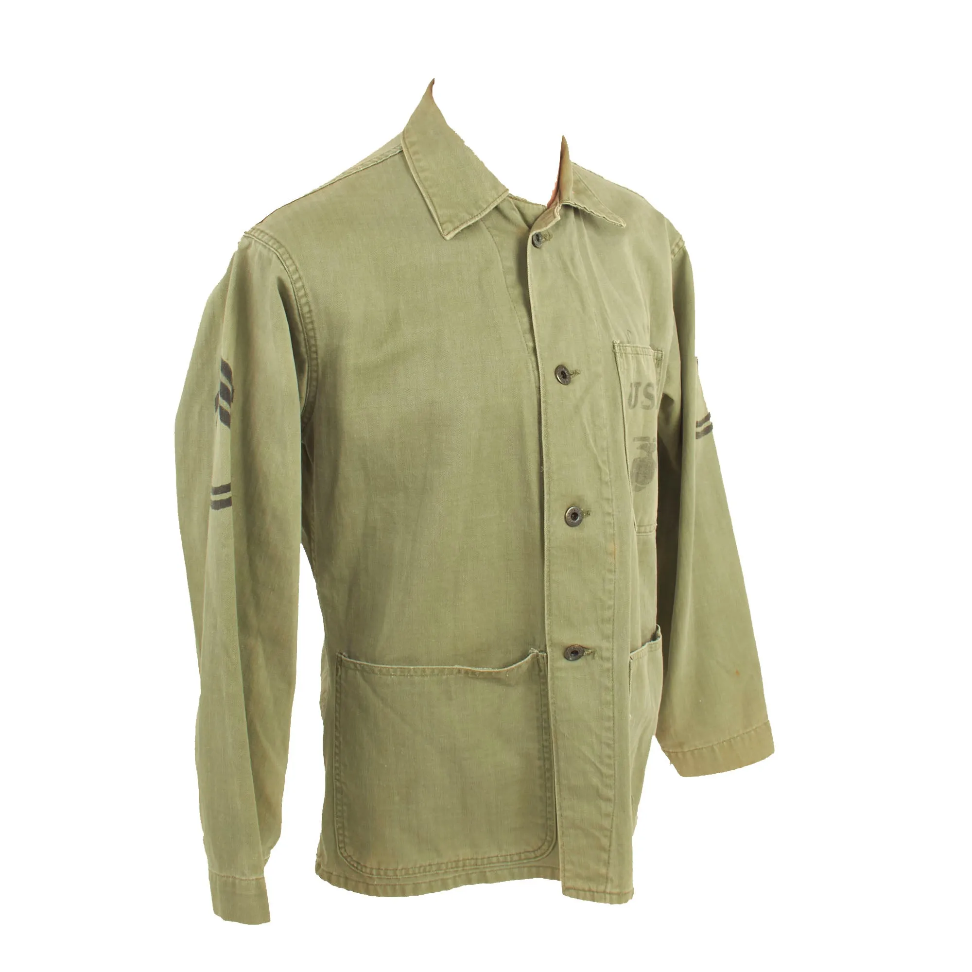 Original U.S. WWII Named USMC HBT Herringbone Twill P41 Combat Jacket With Gunnery Sergeant Chevrons