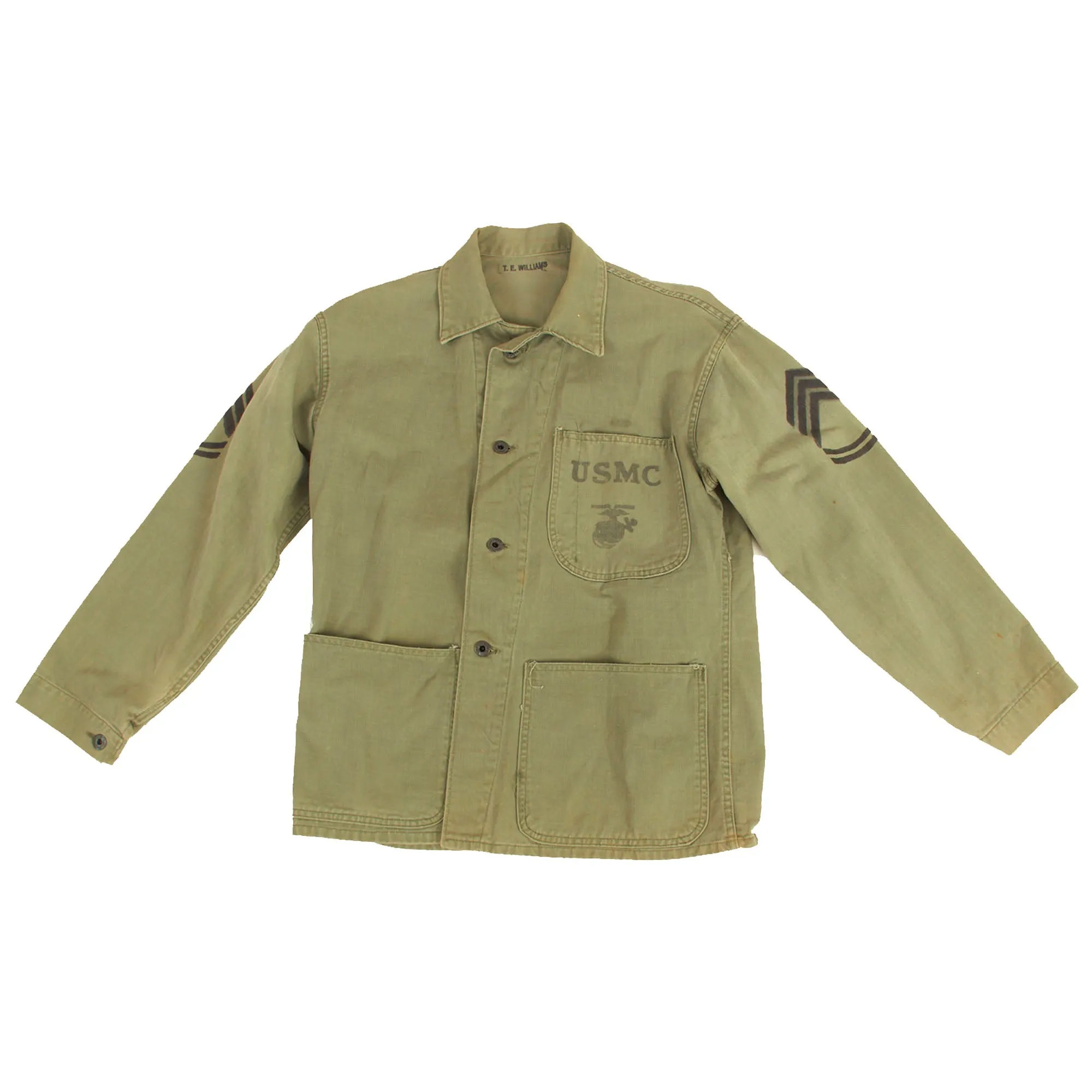 Original U.S. WWII Named USMC HBT Herringbone Twill P41 Combat Jacket With Gunnery Sergeant Chevrons